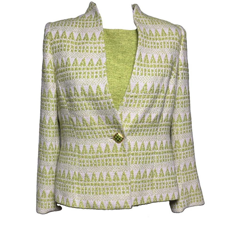 Vintage Lourdes Chavez Lime Green Tweed Textured 2pc Jacket Women's Size 10 USA